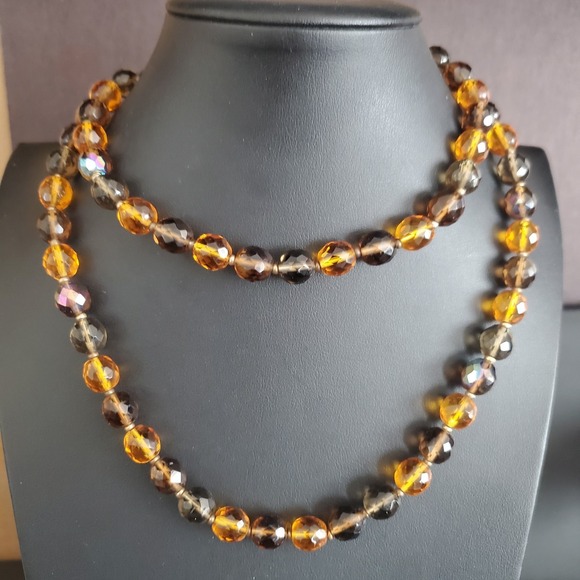 VTG Joan Rivers Czech Faceted Crystal Bead Necklace Brown and Amber‎ Long - Picture 1 of 6